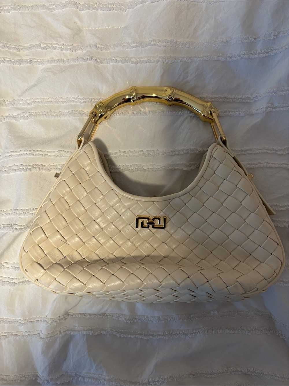 Aldo Cream Woven Shoulder Bag with Gold Bamboo Handle Accent